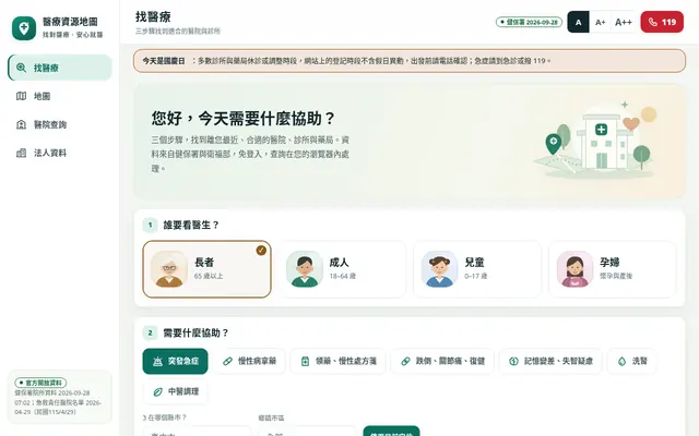 臺灣醫療資源地圖首頁畫面